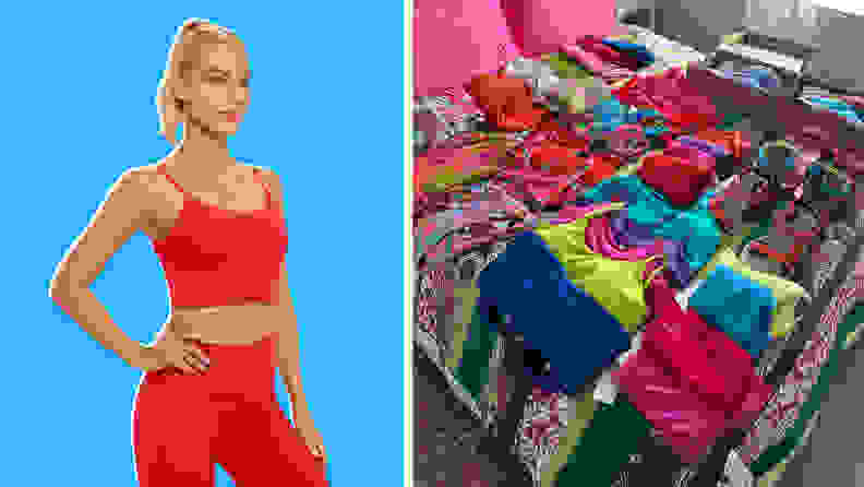 A collection of colorful clothes laid out on a bed, and a model wearing a sports bra.