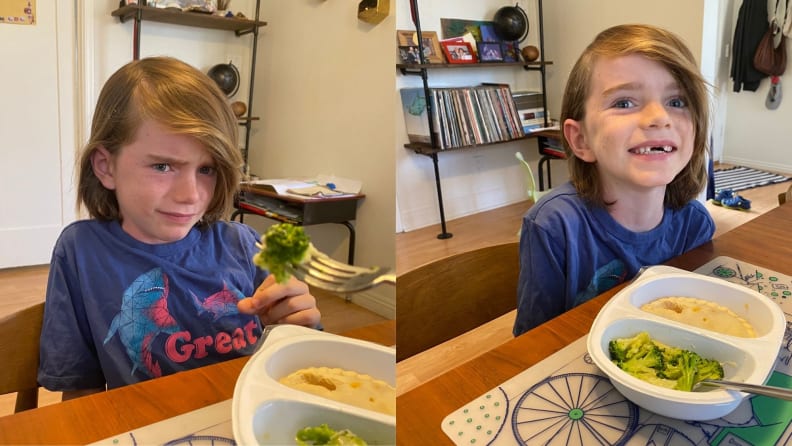 A boy looks scared as he tried broccoli—then he likes it!