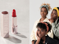 Left: Fenty Beauty red lipstick on a neutral backdrop, Right: Three women with head wraps on a neutral backdrop