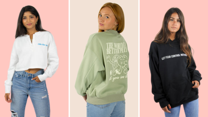 A t-shirt that reads "Ride the Wave," a sweatshirt that reads "The world is a better place with you in it," and a hoodie that reads "Let fear control nothing."