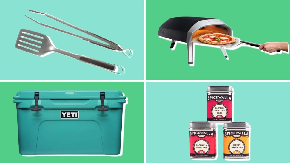 A variety of barbecue essentials, such as, tongs, a Yeti cooler, spices, and a pizza oven all on a green and teal background.