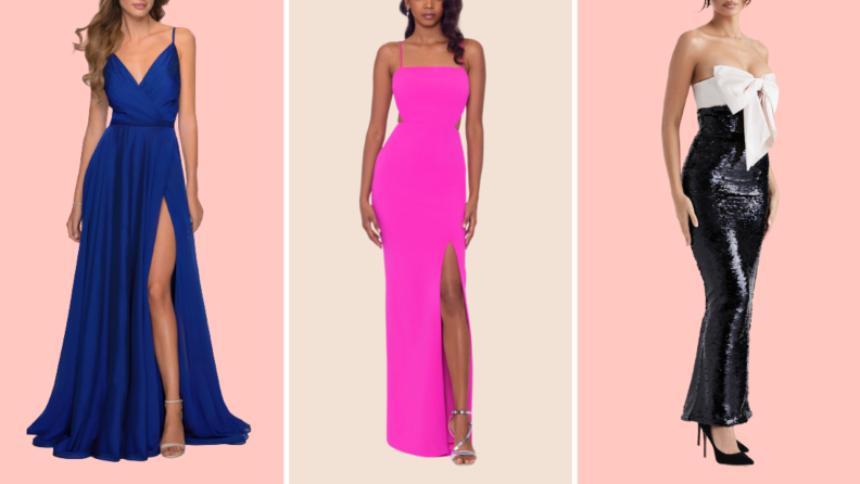 Three gowns, one is royal blue, the next is fuchsia,  and the last is black with a white bow on top.