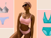 Collage of a model wearing a matching pink underwear set, and also two underwear sets in beige, lavender, and teal on either side of the model.