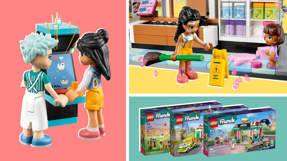 Different Lego Friends characters and Lego boxes on pink, yellow, and green backgrounds.