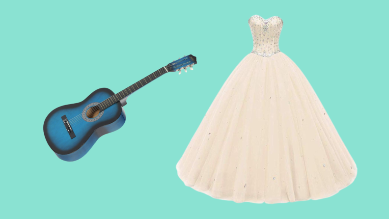 A champagne formal gown and a blue acoustic guitar.