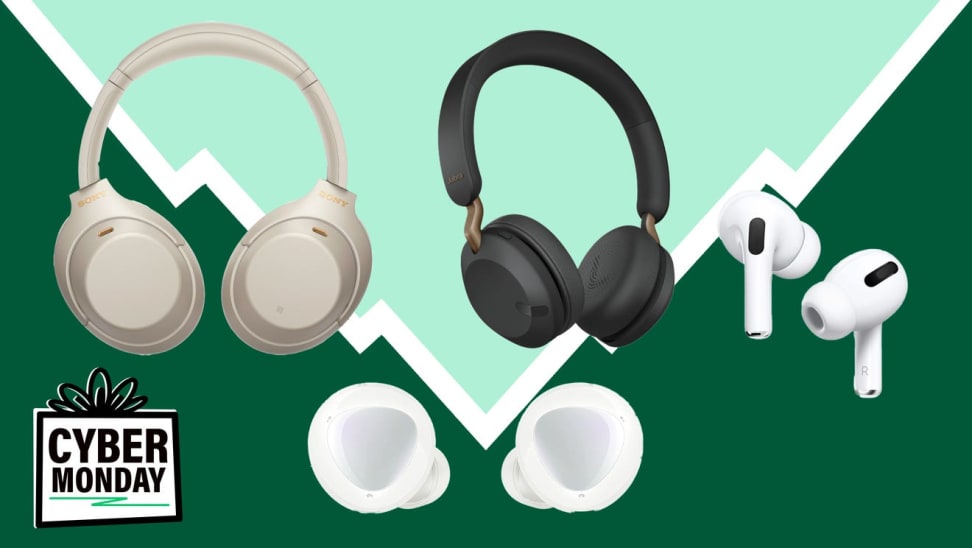 Headphones and earbuds on a green background