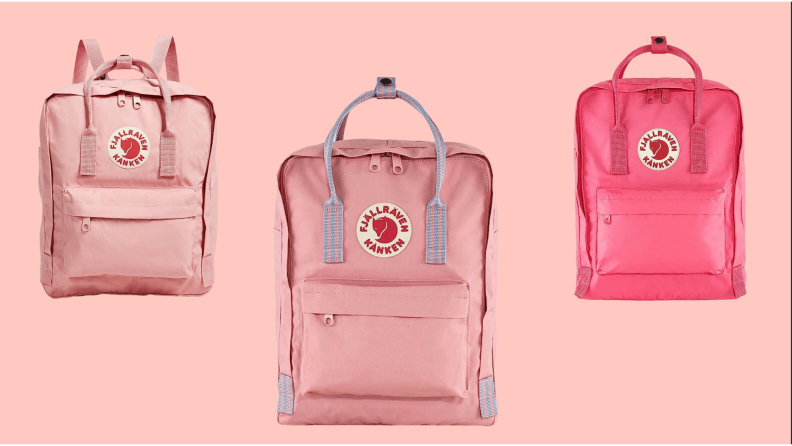 Three pink Fjällräven, one pale pink, one pink with blue stripes, and one in hot pink. All on a pink background.