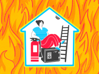 Illustration of person in a house with fire safety products surrounded by a background of fire