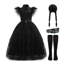Product image of JOURPEO Girls Cosplay Princess Outfits Kids Halloween Party Dress Stage Show Party Dress Up (Black Hair)
