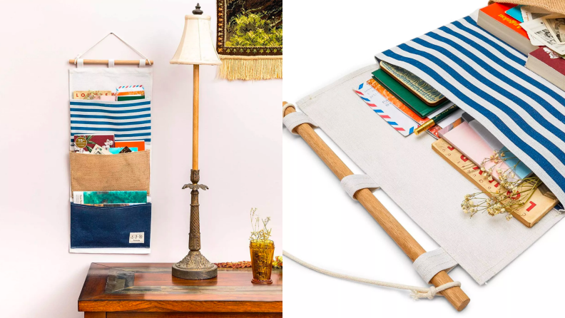 Two images of a hanging fabric storage piece.