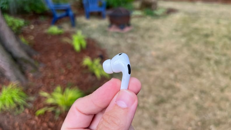 Close-up of the stem of the Apple AirPods Pro (2nd generation).