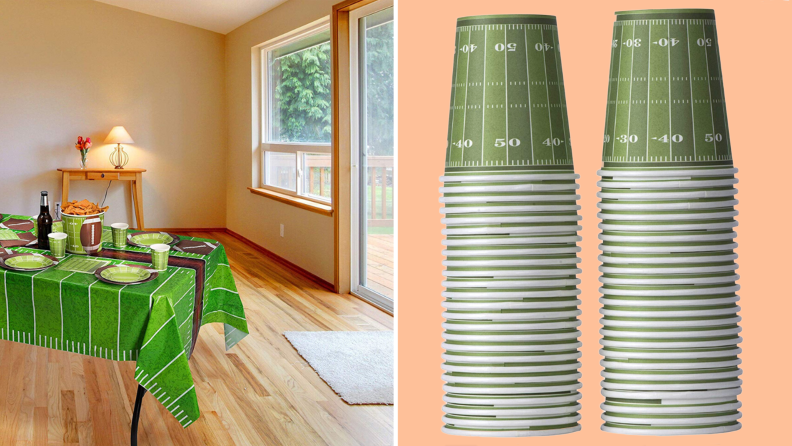 A table in a living room decorated with football-themed decor next to a stack of paper cups that look like football fields.