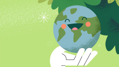Illustration of hand holding smiling Earth against green background