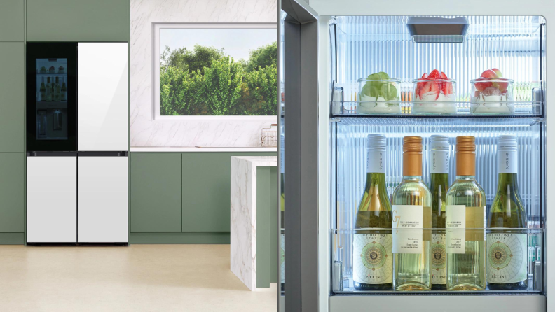 Left: photo of Samsung Bespoke fridge with beverage center. Right: Close-up of beverage center lined with yogurt cups and wine bottles