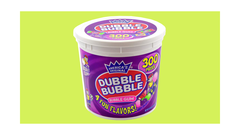 Tub of Tootsie Roll Dubble Bubble chewing gum for oral stimulation.
