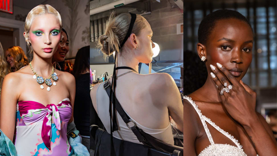 Collage of three women posing in New York Fashion Week beauty looks