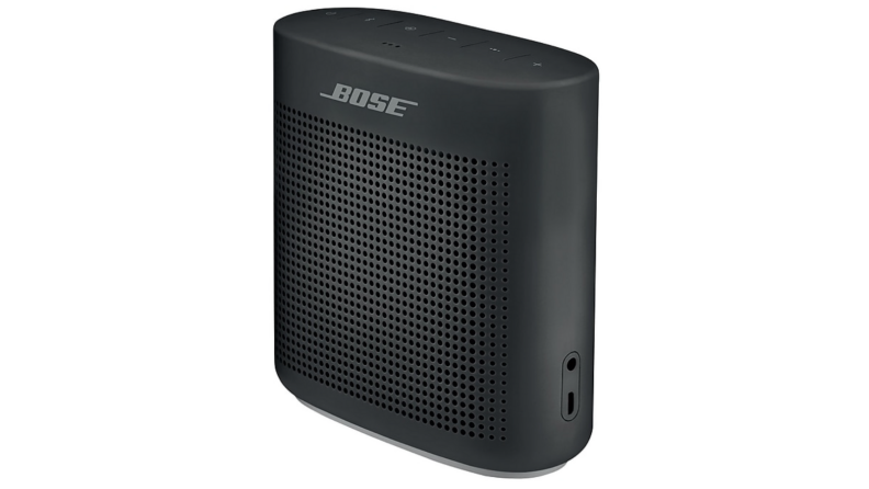 An image of a black Bose Bluetooth speaker at a slight angle.
