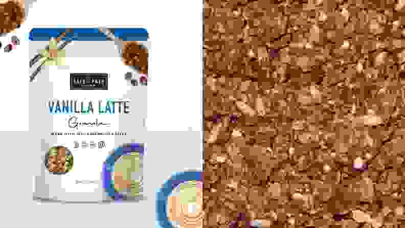 Left: A bag of Vanilla Latte Granola against a white background accompanied by coffee beans. Right: Close-up photo of granola.