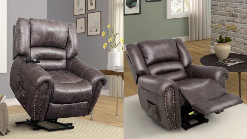 Gray leather chair in elevated position in living room setting. Gray leather chair extended outward in living room setting.