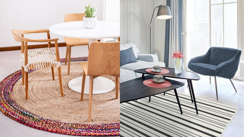On left, multi-color braided straw rug under wooden table with two chairs. On right, striped black rug in living room under coffee table and next to couch and blue chair