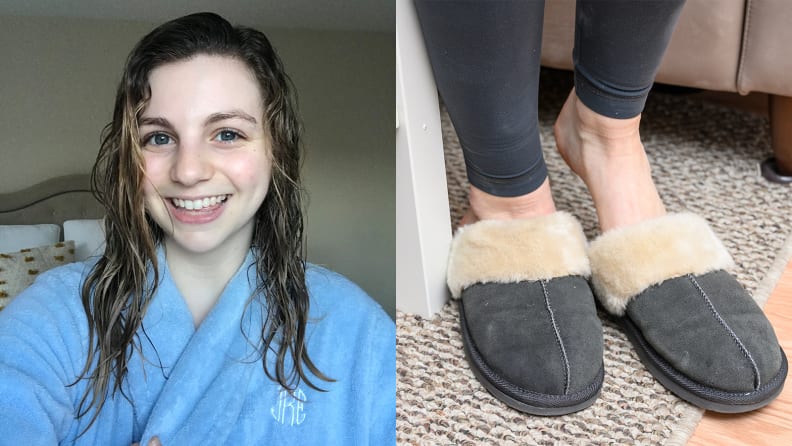 A photo of the L.L. Bean robe and the Minnetonka slippers.