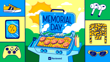 This graphic illustration has blues, greens, and yellows, depicting a grill with burgers on it branded with the word deals