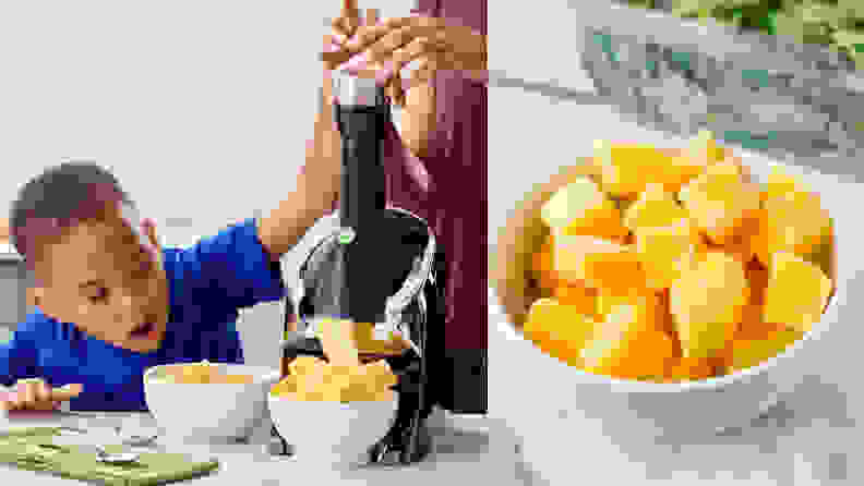 Left: Child uses Yonanas soft serve maker. Right: bowl of frozen mango.