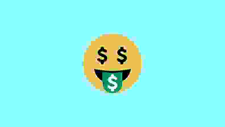 An illustrated smiley face with dollar symbols for eyes on a blue background