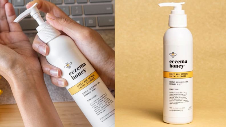 A model rubbing the product into her skin and showing the product bottle