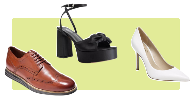 Brown men’s dress shoes, a black platform heel, and a basic white pump.