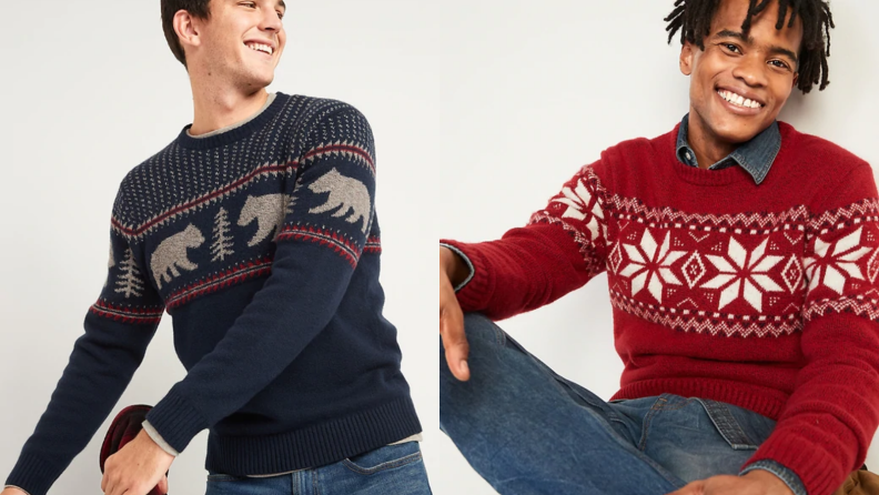 Two men wearing different patterns of Fair Isle sweaters.