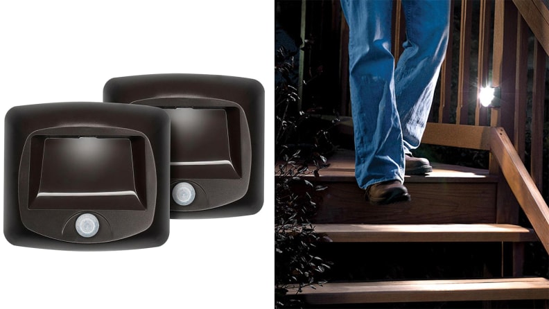 A set of two stair lights and person walking down stairs with one installed, among the best modern outdoor lighting ideas.