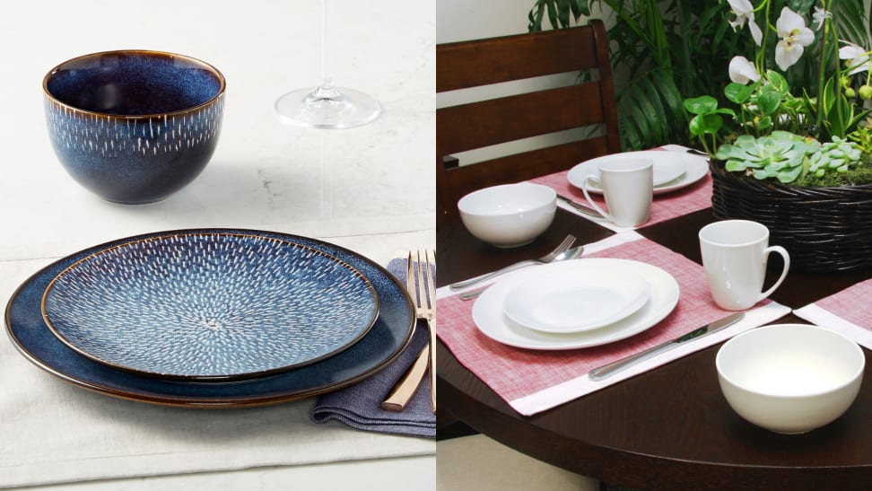 (1) A blue printed dinner plate. (2) A set of plain white dinnerware at a table.