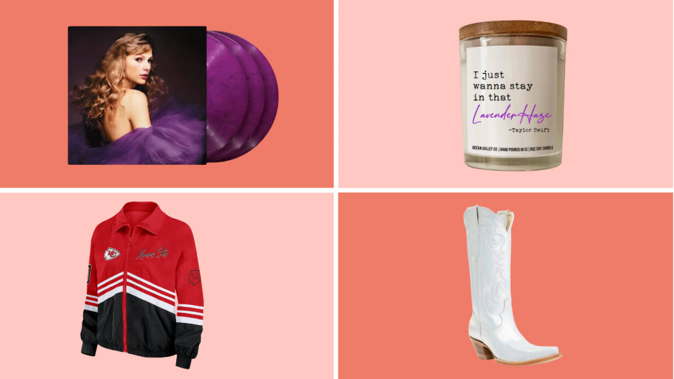 'Speak Now' LP, Lavender Haze candle, Chiefs jacket, Idyllwind boot