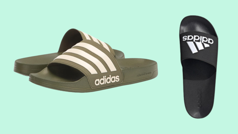 Adidas slides in green and black.