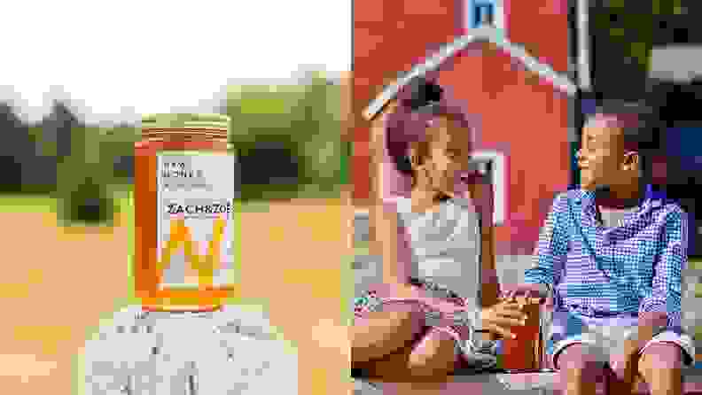 Left: A jar of golden honey sits on top of a white fence post with a scenic farm as the backdrop. Right: Two young Black children sit laughing in front of a red barn with a jar of honey in between them.
