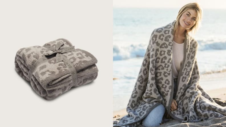 Left: Image of Barefoot Dreams Throw Blanket. Right: Young women wrapped in a cheetah print Barefoot Dreams blanket.