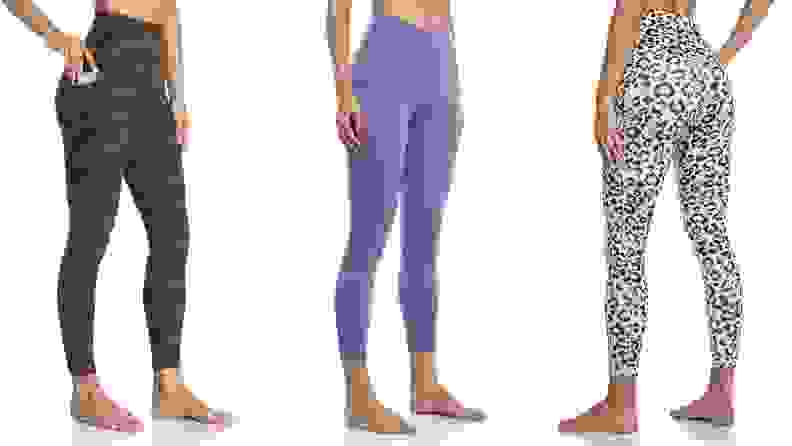Three people wear colorful workout tights.