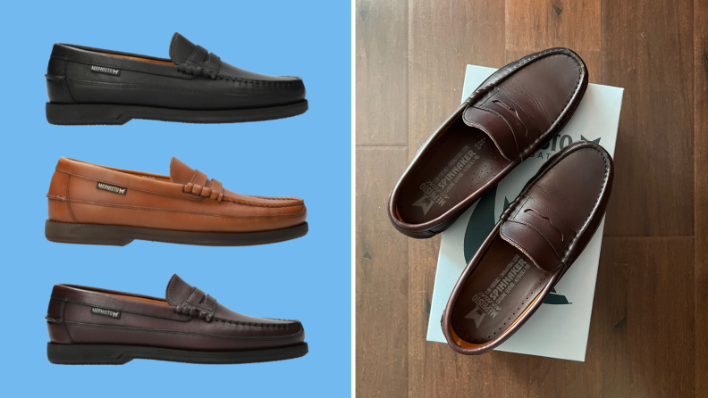 Three pairs of the same penny loafer in different colors, and also the same pair positioned on top of a Mephisto shoe box.