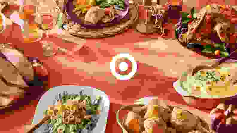 Spread of Thanksgiving dishes on a table, with the Target logo in the middle