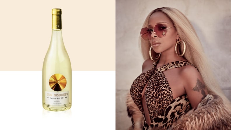 On the left is a bottle of Sun Goddess Sauvignon Blanc. To the right: a photograph of singer-songwriter Mary J. Blige.