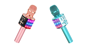 A pink microphone opposite an aquamicrophone