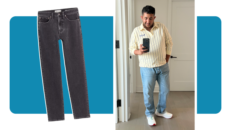 On the left is a pair of dark wash jeans, on the right is a photo of the author wearing a striped rugby shirt and light jeans.]