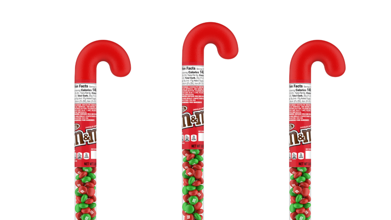 An image of 3 M&M candy canes lined up in a row.
