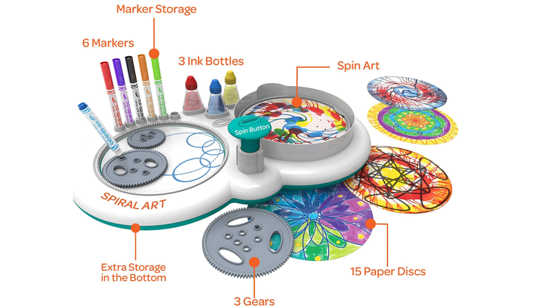 A spiral art kit with pens on a white background