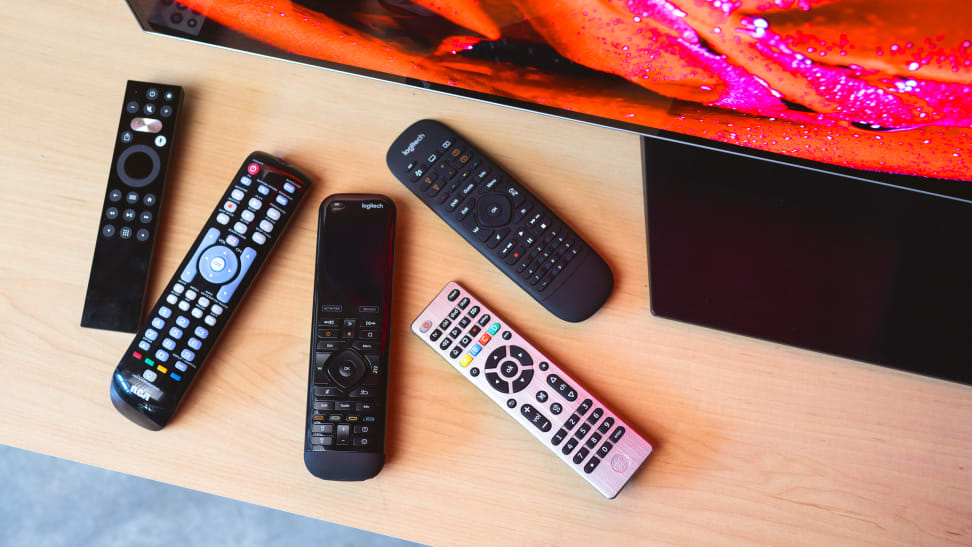 The Caavo Control Center+ remote, the Logitech Harmony Elite, the Logitech Harmony Companion, and universal remote controls from GE and RCA