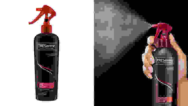 On the left: A red and black bottle with a spray nozzle. On the right: A hand holding a red black spray bottle and mist coming out of it.