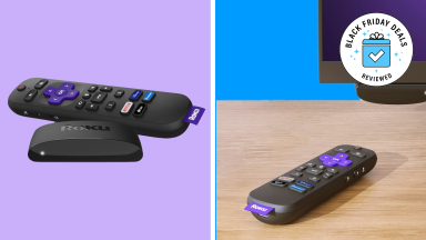 Photo collage of Roku Express 4K with Voice Remote Pro next to streaming player and  Roku Express 4K with Voice Remote Pro sitting on top of wooden surface in front of television.