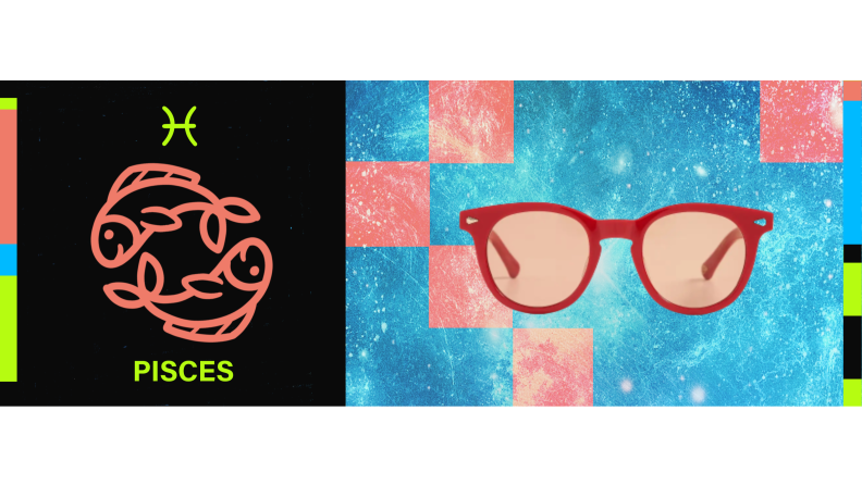 On the left is the symbol for Pisces, and on the right is a pair of sunglasses with red frames and light pink lenses.
