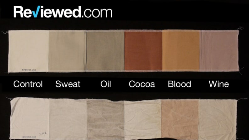 The AHAM standard stain strips we use during testing of all washing machines.